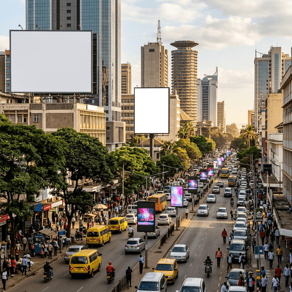 Avenue urbaine africaine avec panneaux publicitaires